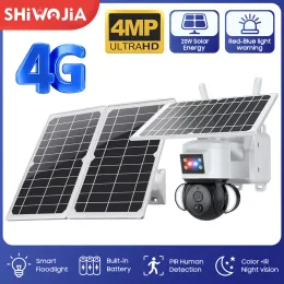 Câmeras de câmeras shiwojia 20w câmera solar 4g cartão sim 4mp ao ar livre PTZ Bateria Solar Bateria CCTV 21700 Baterries Redblue Light Alarm