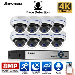 Sistema 4K Ultra HD 8CH Poe NVR Kit H.265 Face CCTV IP Câmera Sistema de segurança de 8MP Dome Ir ao ar livre Visão noturna Kits de vigilância de vídeo