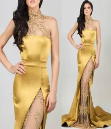 Mermaid High Neck Gold Evening Dresses Beaded Appliques Seethrough High Leg Slit Formal Gowns Sexy Party Dress1372053