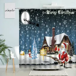シャワーカーテンメリークリスマスカーテンサンタクロースエルクそりそり冬の森ムーンナイトビューバスルームの防水スクリーンの家の装飾