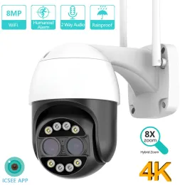 카메라 8MP 4K 8X 하이브리드 줌 2.8+12mm 듀얼 렌즈 PTZ IP 카메라 Wi -Fi Outdoor Human Detection 4MP 오디오 보안 비디오 감시 카메라