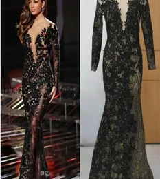 2016 Celebrity Evening Dresses Black Applique med Gold Thread Scoop 34 Långärmare Sjurmaid Sweep Train Prom Dresses Real Picture7089303