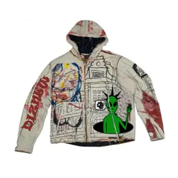 Diznew Cultural Graffiti Oil Painting Printed Coat Hooded Men's Spliced Loose Zipper Jacket