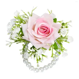Decorative Flowers Women Wrist Flower Prom Silk Cloth Bridesmaids Corsage Girl Gift Artificial Pearl Bracelet Party Hand Decor For Wedding