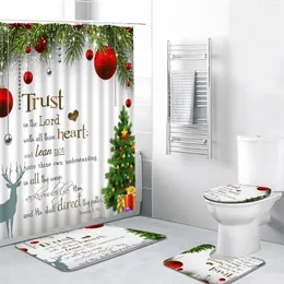 Duş perdeleri 4pcs halı ilham alıntı ile Noel perde seti Karikatür Karikatür Noel Ağacı Yıllık Tema Polyester Banyo Mat