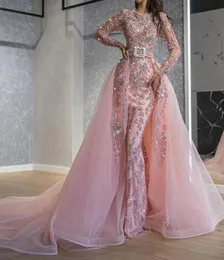 2022 Pink Mermaid Formella klänningar Långa ärmar Aftonklänning Sparkly Beading Mermaid Prom Dresses With Löstagbar Train4312647