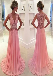 Vintage Sweety Blush Pink A Line Chiffon Evening Prom Dresses Spets Appliques Plunging V Neck Sexig Sheer Cap Sleeves Girls Party Fo5227892