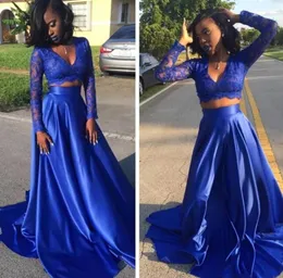 Royal Blue Arabic Prom Dress 남아프리카 두 조각 Aline vneck Long Graduation Dress Plus Size Mear Cheap Party Gown7697008