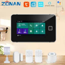 Kits zonan g60 tuya wi -fi gsm security securate sistema de temperatura umidade exibir impressão digital aplicativos de armamento de controle kit de alarme sem fio