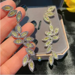 Earrings S925 silver needle microencrusted zirconium colored zircon leaf earrings color matching beautiful lady earrings female