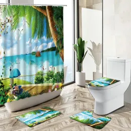 Dusch gardiner blå ocean strand sjöstjärna landskap gardin sommar tropiska gröna växter palmträd matta toalett täcke hem badrum dekor set