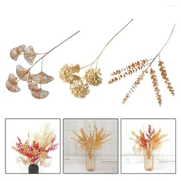 Decorative Flowers 1PC Artificial Gold Ginkgo Eucalyptus Holly 3-Pronged Fan Leaf Netting For Wedding Arch Flower Arrangement Home Floral