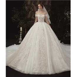 Elegant Bling Church Wedding Dress 2024 Vintage Off Axel Pearls Pärled Ruched A Line Wedding Bride Gowns Arabic Dubai Plus Size Sexy Vestido Garden Bridal Gowns