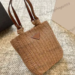 Womens Summer Luxury Brand Straw Tote Bucket Shoulder Bags Large Capacity Holiday Daily Outfit Picnic Outings Shopper Pocket 20X27CM