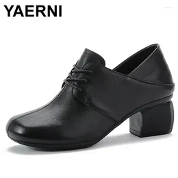 Dress Shoes YAERNI Spring Thick-heeled Leather Women's Singles Lace Up Korean All-match Comfortable Workshoe