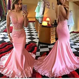 Dresses Satin Tulle Illusion Bodice Pink Mermaid Evening Dress Sheer Open Back vestidos de noche largos elegantes de fiesta