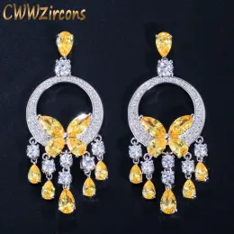 Kolczyki Cwwzircons Jakość długa duża CZ Stone żółty kryształowe kolczyki z frędzlami dla kobiet moda