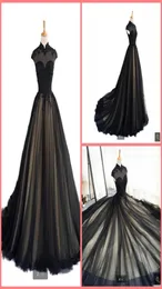 2021 Real Picture black champagne tulle a line prom dress high neckline cap sleeve modest lace appliques prom gowns beaded muslim 5445113