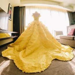 Платья удивительные бальные платья свадебные платья желтые с плеча кружевные аппликации.