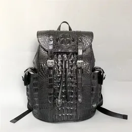 Mochila Autêntico Crocodilo de Crocodilo Fechamento de Custring Masculino Black Casual Casual Aligador de couro Large Men's Travel Bag Pack