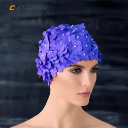 Tillbehör Starmax Kvinnor Simning Cap 3D Flower Swim Pool Bathing Hat Skydda Long Hair Ears Turban Pleated Fabric Head Wear Plus Size Size