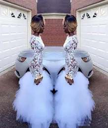 2019 년 아프리카 흑인 여자 댄스 파티 드레스 흰색 인어 레이스 롱 슬리브 주름 얇은 색 바닥 길이 플러스 공식 저녁 마모 6950400