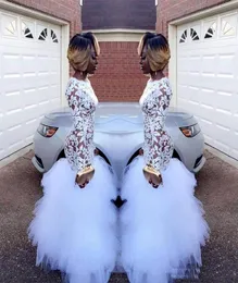 2019 African Black Girls Prom Vestres com sereia branca Mangas lacelong Ruffles Tulle Floor comprimento de tamanho formal