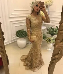 Dresses 2019 New Arrival Luxury Gold Mermaid Evening Dresses Jewel Neck Lace Appliques Beaded Pearls Long Sleeves Sweep Train Plus Size Pr