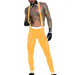 Erkek pantolon gotik punk askı kayışları parlak pvc deri fermuar açık kasık erkek tulumlar seksi erkek patchwork aters ıslak pantolon