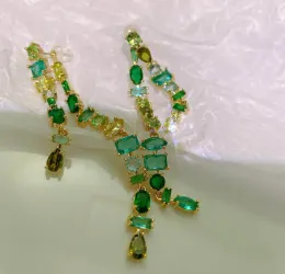 Earrings new luxury green waterdrop doublelayer long tassel green zircon sweet AB style earrings women elegant geometry vintage jewelry