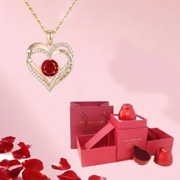 Anhänger Halsketten Luxus rotes Herz Zirkon mit Rosenblumen Geschenkbox für Frauen Ich liebe dich Geschenke 2024 Trendy romantischer Schmuck