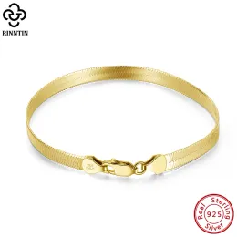 Bangles rinntin 18K altın kaplama 925 Sterling Gümüş İtalyan 4.5mm Esnek Düz Halkaz Zinciri Bilezik Kadınlar Erkek Mücevher SB107