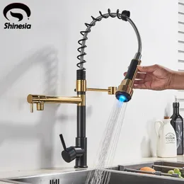 Shinesia Led Gourmet Caucet Kitchen Deck Deck Mounted Gold Black Water Mixer Tap Dual Spout Sprayer 240325