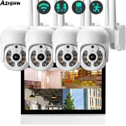 System Azishn WiFi PTZ IP Camera System 7 "LCD Screen Monitor NVR Kit AI Human Auto Tracking Wireless CCTV Camer Video Surveillance Set