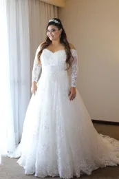 Dresses 2021 Long Sleeve Plus Size Wedding Dresses Off Shoulder Sparkly Sequined Appliques Lace A Line See Through Back Bridal Gowns Custo