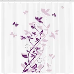 Shower Curtains Floral Violet Lilac Butterfly Plant Pattern Bathroom Waterproof Polyester Home Decor