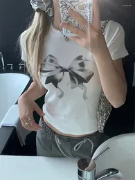 Женские футболки T Benuynffy Bowknot Print Y2K Short Tee Women Summer 2024 Американская ретро-уличная одежда O-образной рукав