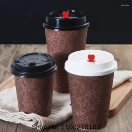 일회용 컵 빨대 100pc 커피 컵 꽃 패턴 두꺼운 종이 음료 주스 음료 포장 뚜껑이있는 테이크 아웃 패키지