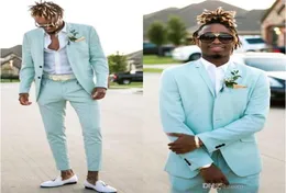 2019 Mint Green Wedding Tuxedos Slim Fit Zwei Stücke Strand Groomsmen Anzüge Bräutigam Verschleiß mit Spitzenanlagen.