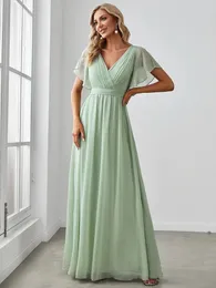 Elegante Abendkleider lange eine Linie Kurzarm V-Ausschnitt Chiffon bodenlangen Kleid 2024 Immer hübsch von einfachen Prom-Frauen Kleid 240320