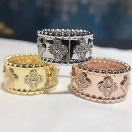 High Version Four Leaf Clover Kaleidoscope Ring for Women with Rose Gold Plating, Wide Narrow Version, One Row of Diamond Full Sky Star Rings