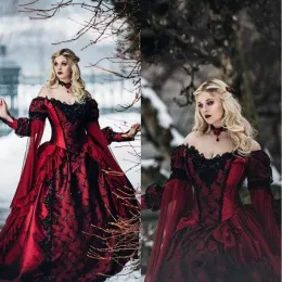Klänningar Bourgogne Gothic Sleeping Beauty Princess Medieval aftonklänningar Långärmad spetsapplikationer Prom Gown Victorian Masquerade Cospla
