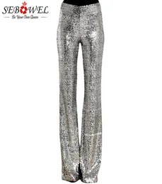 Pantaloni paillettes per gambe lunghi sebowel Donna glitter glitter Silver Black High Waist Pantaloni per le gambe svasate da festa femminile 2019 Y2829162