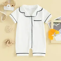 VISgogo Baby Pajamas Rompers TurnDown Collar Short Sleeve Sleepwear Buttons Pocket Infant Sleepers Bodysuits 240325