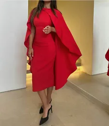 Elegante kurze Juwelenhals -Krepp -Abendkleider mit Cape Hantel Red Middle Osten Knöchel Knöchel Länge Grad Gastkleid für Frauen