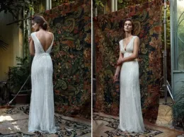 فساتين العربية Lihi Hod White Bohemian Dresses Dresses Cooling Exchy Empire Plunging v الرقبة الخلف الطول الطول الحديث الزفاف الحديث Simp