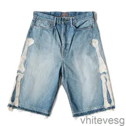 Herren Jeans Kapital Hirata Hohiro Lose entspannte Hosen bestickte Knochenwäsche verwendet Rohkante Denim Shorts für Männer und Frauen lässig 230516 BK7U