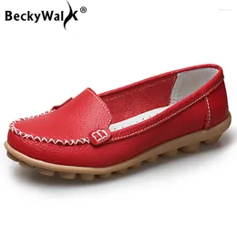 Casual Shoes BeckyWalk Woman Spring Autumn Slip On Loafers Solid Genuine Leather Female Women Ballet Flats 35-44 WSH2686