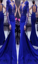 무거운 구슬 깎는 깎아 지른 소매 인어 무도회 드레스 2018 Royal Blue Illusion Neck Evening Gowns Sheer Back Cocktail 형식 파티 DRES4907347