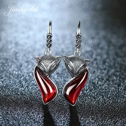 Earrings JIASHUNTAI Retro Silver Sapphire Ruby Garnet Fox Earrings For Women Vintage 100% 925 Sterling Silver Gemstone F Jewelry